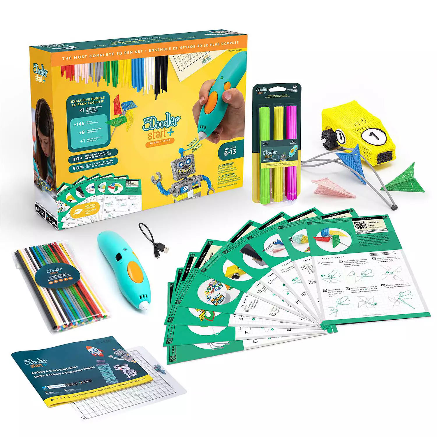 3Doodler Start+ kit includes a blue 3D pen, USB charging cable, mixed color plastic strands, four additional filament packs, and instructional project sheets, all designed for kids aged 6-13 to create various 3D models.
