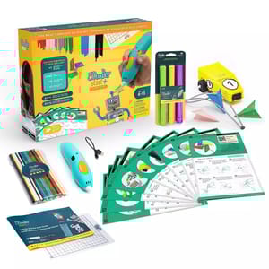3Doodler Start+ kit includes a blue 3D pen, USB charging cable, mixed color plastic strands, four additional filament packs, and instructional project sheets, all designed for kids aged 6-13 to create various 3D models.