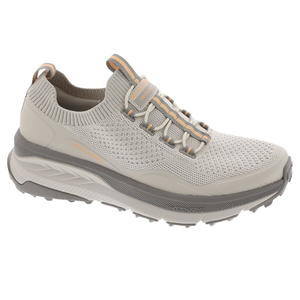 Light gray athletic shoe with a knitted upper, slip-on design, padded sole, and textured outsole for grip.