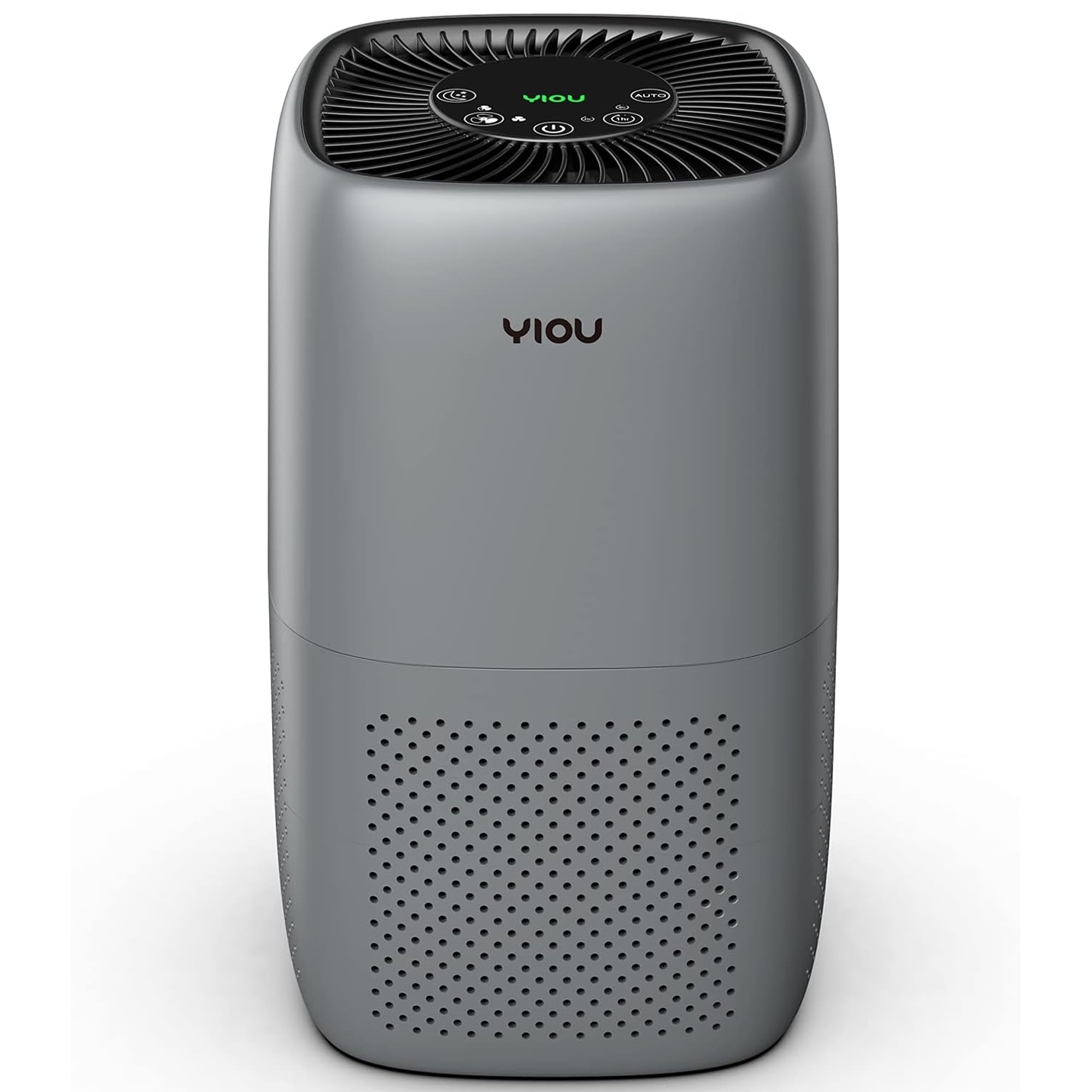 A compact grey air purifier featuring a cylindrical design with top controls for speed, mode, and power. It is branded \“YIOU\“ with perforations on the lower half for air intake.