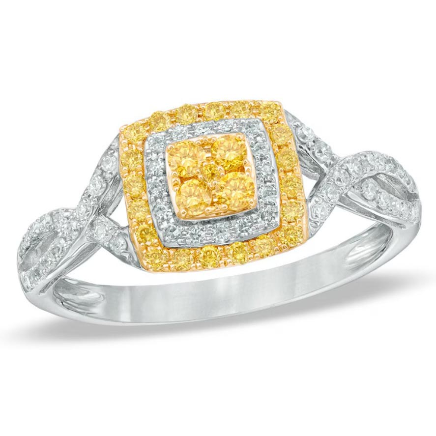A two-tone ring featuring a square cluster of yellow diamonds at the center, surrounded by a halo of white diamonds and a twist band design with additional white diamonds.