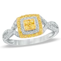 A two-tone ring featuring a square cluster of yellow diamonds at the center, surrounded by a halo of white diamonds and a twist band design with additional white diamonds.