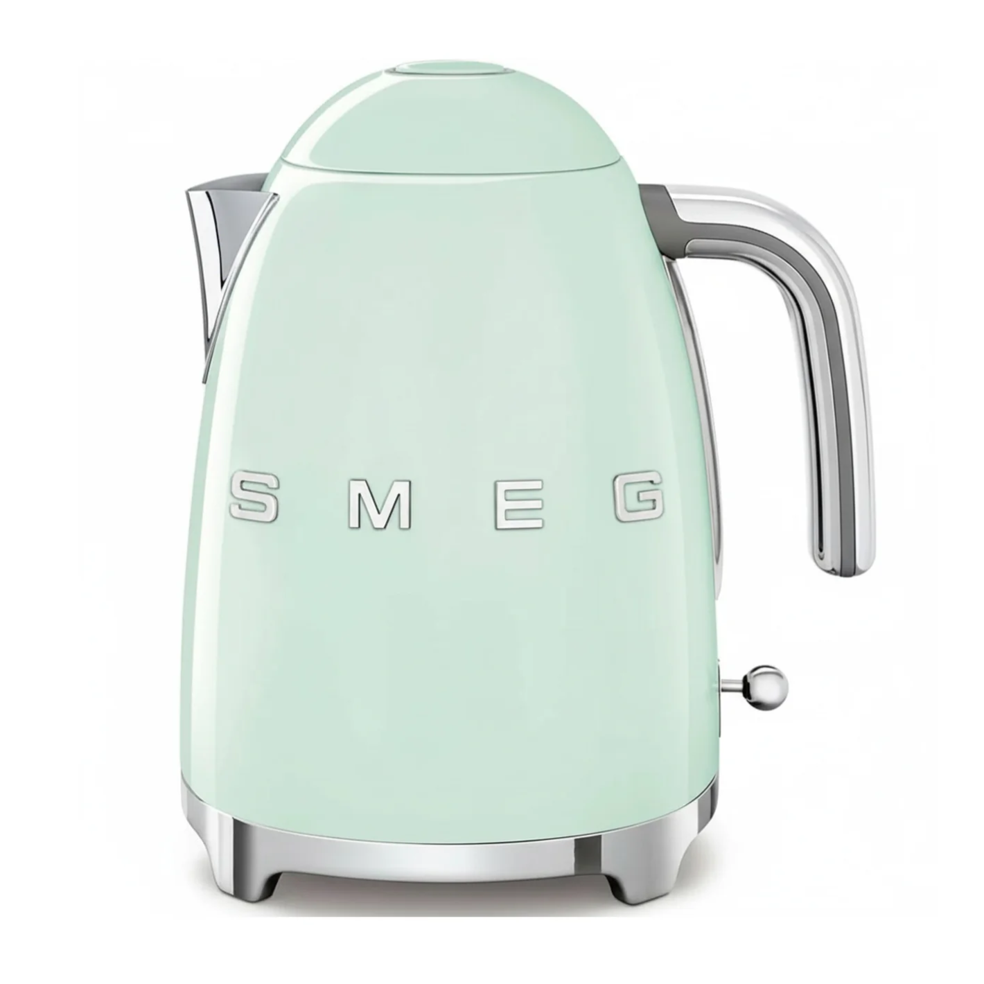 A mint green SMEG electric kettle with a chrome handle and spout, featuring a retro design.