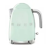 A mint green SMEG electric kettle with a chrome handle and spout, featuring a retro design.