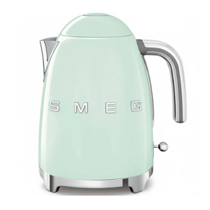 A mint green SMEG electric kettle with a chrome handle and spout, featuring a retro design.