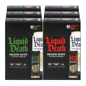 Liquid Death Death Dust Electrolyte Drink Mix in Severed Lime and Convicted Melon flavors, each comes in a 6-pack of 0.42 oz stick packs. Contains 300mg sodium, 5 essential vitamins, 35 calories.