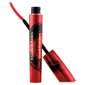 Elizabeth Arden Grand Entrance Mascara features a vibrant red and black tube with a curved brush designed for volume and lift, promising bold lash effects.