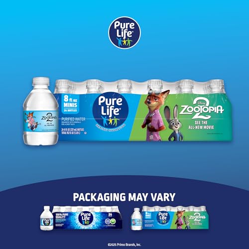Pure Life 8 oz mini water bottles in a pack featuring characters from the movie \“Zootopia\“ with packaging that may vary.
