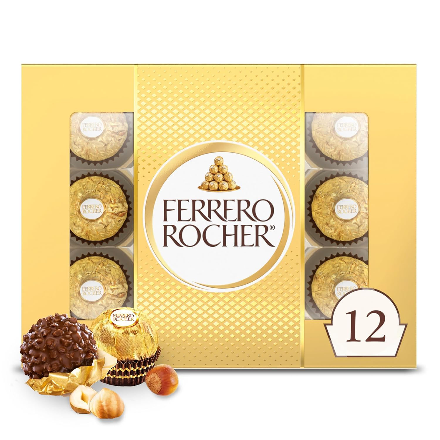 A 12-count Ferrero Rocher Gift Box featuring individually wrapped hazelnut chocolates with a creamy filling, encased in a crunchy shell, all presented in gold foil. The box design includes a visible arrangement of chocolates and a prominent brand logo.