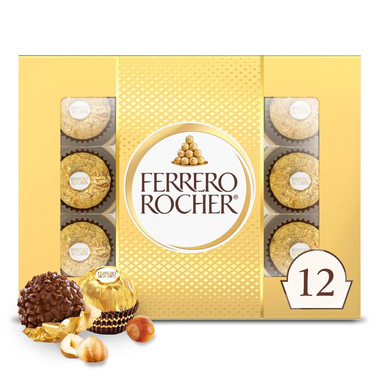 A 12-count Ferrero Rocher Gift Box featuring individually wrapped hazelnut chocolates with a creamy filling, encased in a crunchy shell, all presented in gold foil. The box design includes a visible arrangement of chocolates and a prominent brand logo.