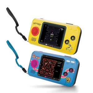 Two handheld gaming devices with Pac-Man design, one yellow and one blue, each displaying a screen with the Pac-Man game.