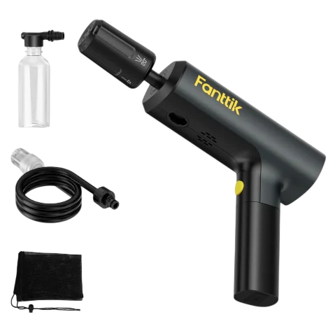 Portable pressure washer with attachments, including a spray gun, hose, soap bottle, and carrying pouch.