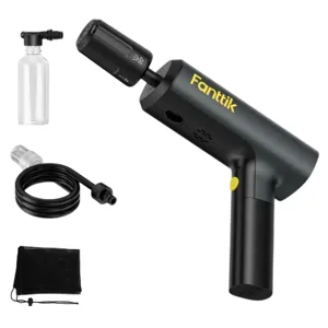 Portable pressure washer with attachments, including a spray gun, hose, soap bottle, and carrying pouch.