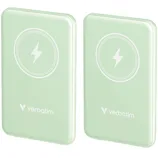 Two mint green Verbatim wireless chargers with a lightning bolt symbol indicating charging capability.