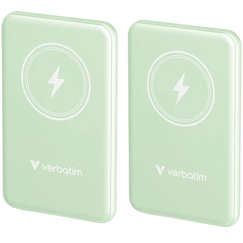 Two mint green Verbatim wireless chargers with a lightning bolt symbol indicating charging capability.