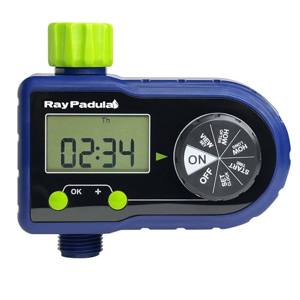 Digital water timer with an LCD screen, control dial, and two buttons for setting schedules.