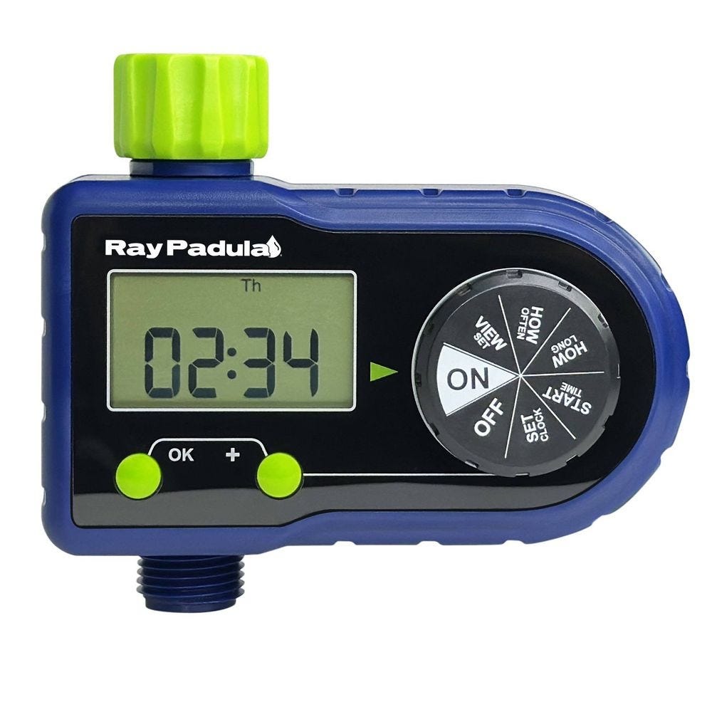 Digital water timer with an LCD screen, control dial, and two buttons for setting schedules.