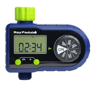 Digital water timer with an LCD screen, control dial, and two buttons for setting schedules.