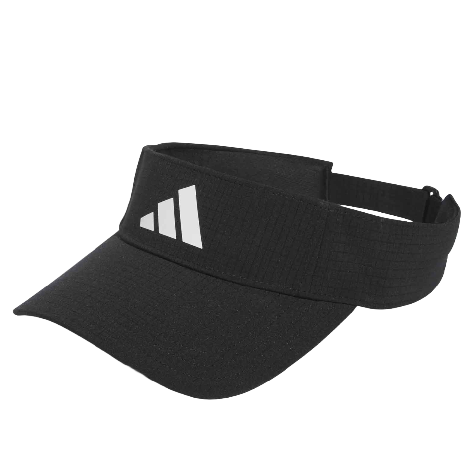 Black sports visor with a white logo on the front, featuring an adjustable strap for a comfortable fit.