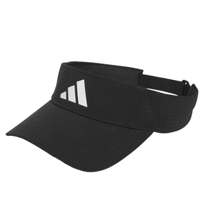 Black sports visor with a white logo on the front, featuring an adjustable strap for a comfortable fit.
