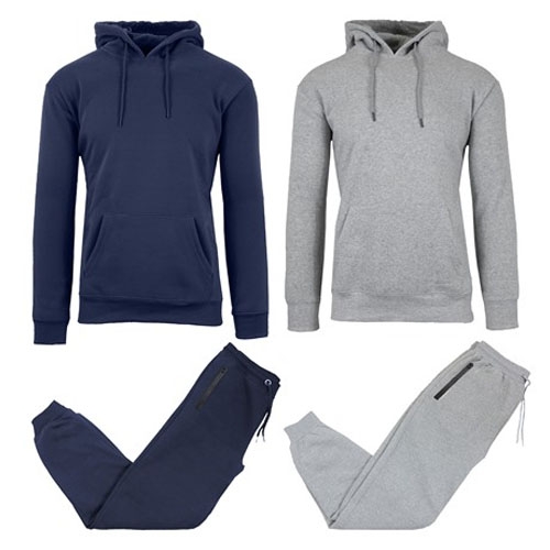 Two sets of men's fleece hoodie and jogger pairs; one set is navy blue and the other is heather grey, both with drawstrings and ribbed cuffs.