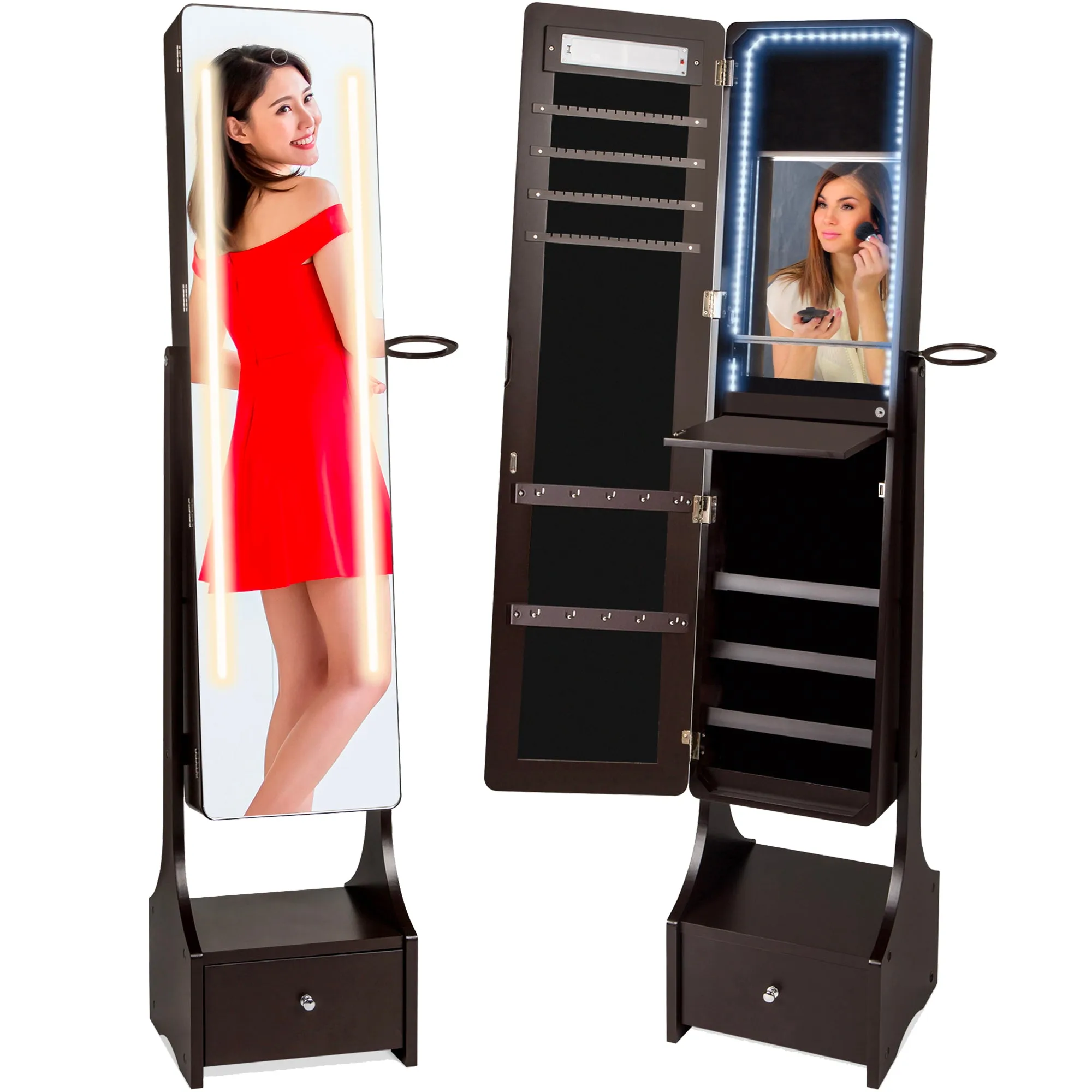A full-length mirror with LED lights is shown open, revealing an interior with hooks and shelves for jewelry storage, and closed on a stand with a drawer.