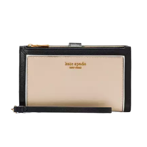 This is a Kate Spade phone wallet made of black leather with a contrasting beige panel, featuring the brand logo and a wristlet strap.