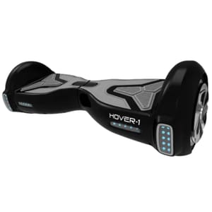 A black Hover-1 hoverboard with blue LED lights and textured footpads for grip.