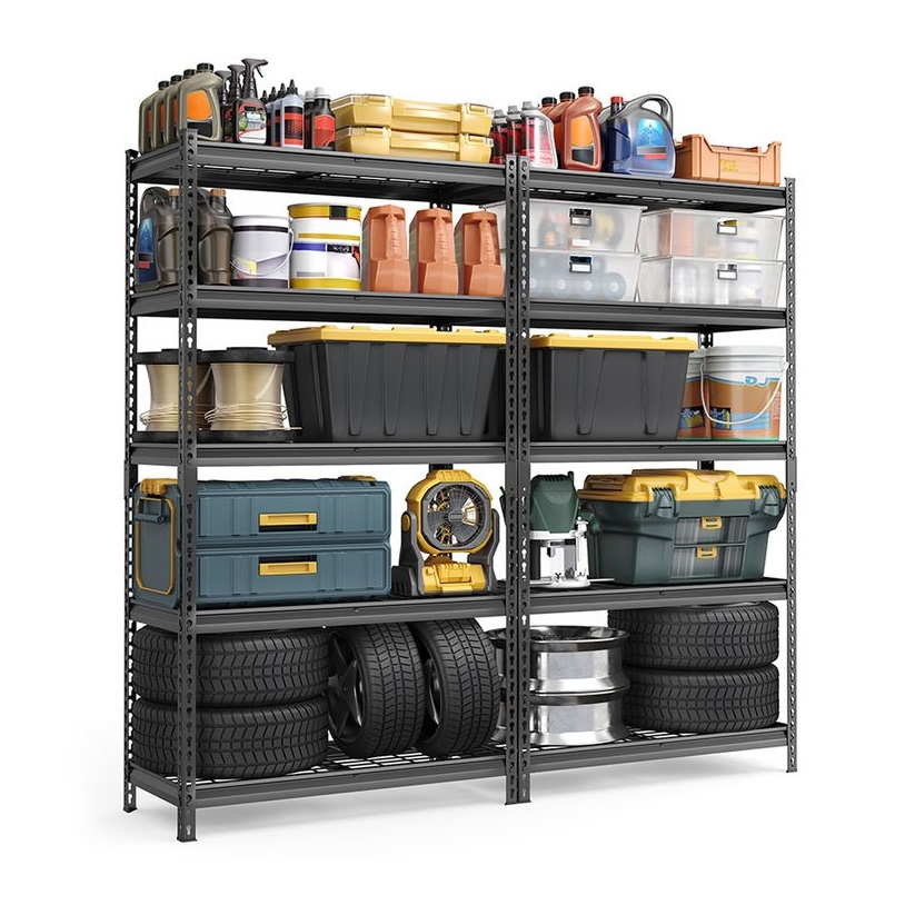A set of 2 heavy-duty garage shelves holding various items, including containers, jugs, tools, tires, and storage bins. The shelves are sturdy with a metal frame and adjustability for efficient garage organization.