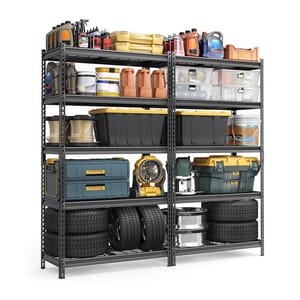 A set of 2 heavy-duty garage shelves holding various items, including containers, jugs, tools, tires, and storage bins. The shelves are sturdy with a metal frame and adjustability for efficient garage organization.