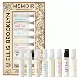 Ellis Brooklyn Memoir Fragrance Discovery Set featuring nine 2ml spray vials: Dear Sky, Miami Nectar, Apple Love, Salt, Sun Fruit, Florist, Myth, Sweet, and Iso Gamma Super.