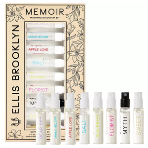 Ellis Brooklyn Memoir Fragrance Discovery Set featuring nine 2ml spray vials: Dear Sky, Miami Nectar, Apple Love, Salt, Sun Fruit, Florist, Myth, Sweet, and Iso Gamma Super.