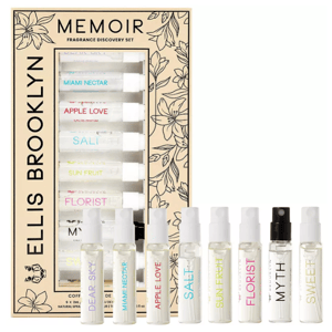 Ellis Brooklyn Memoir Fragrance Discovery Set featuring nine 2ml spray vials: Dear Sky, Miami Nectar, Apple Love, Salt, Sun Fruit, Florist, Myth, Sweet, and Iso Gamma Super.