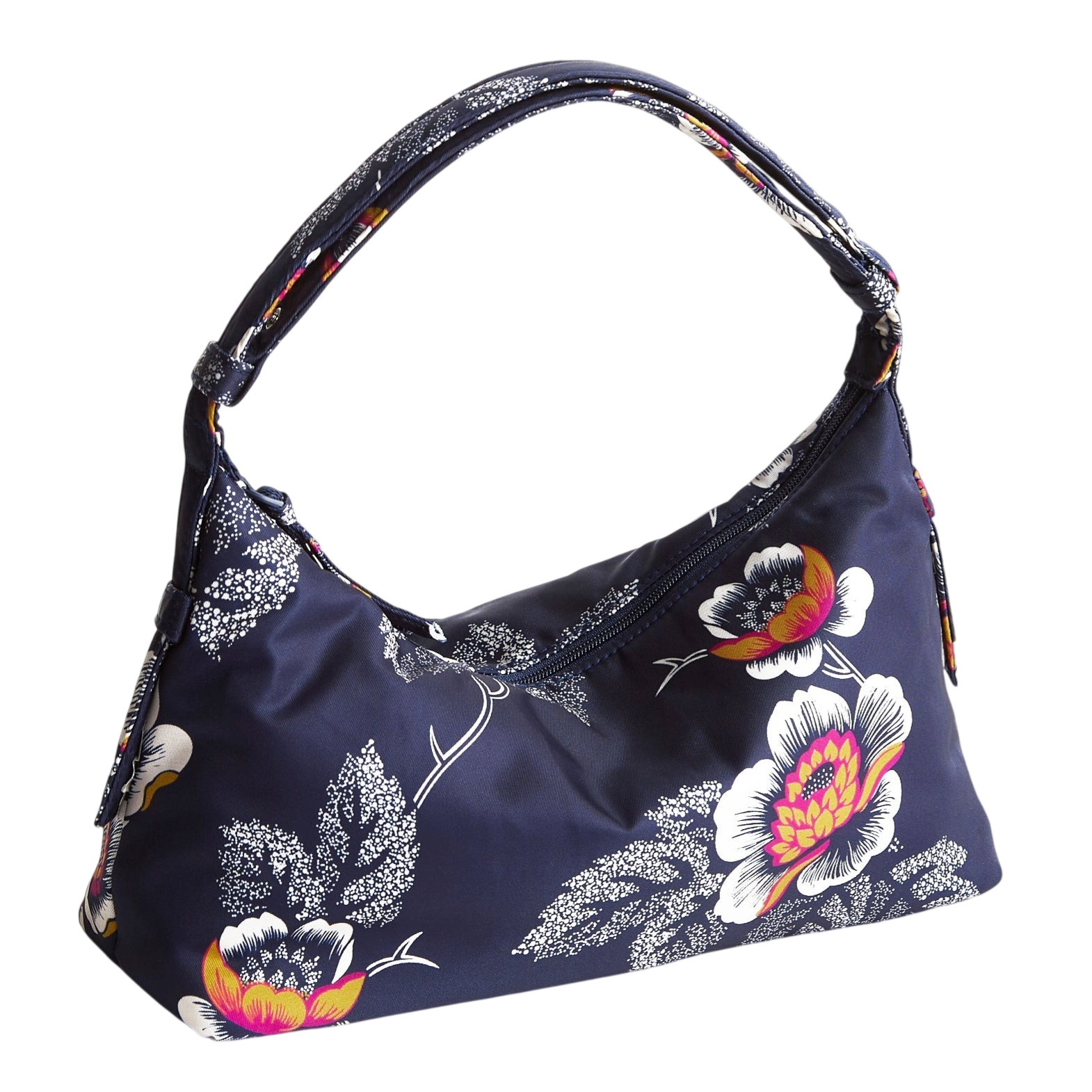A navy blue hobo bag with a floral pattern featuring white and pink flowers and detailed leaves, complemented by a matching handle.