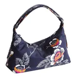 A navy blue hobo bag with a floral pattern featuring white and pink flowers and detailed leaves, complemented by a matching handle.