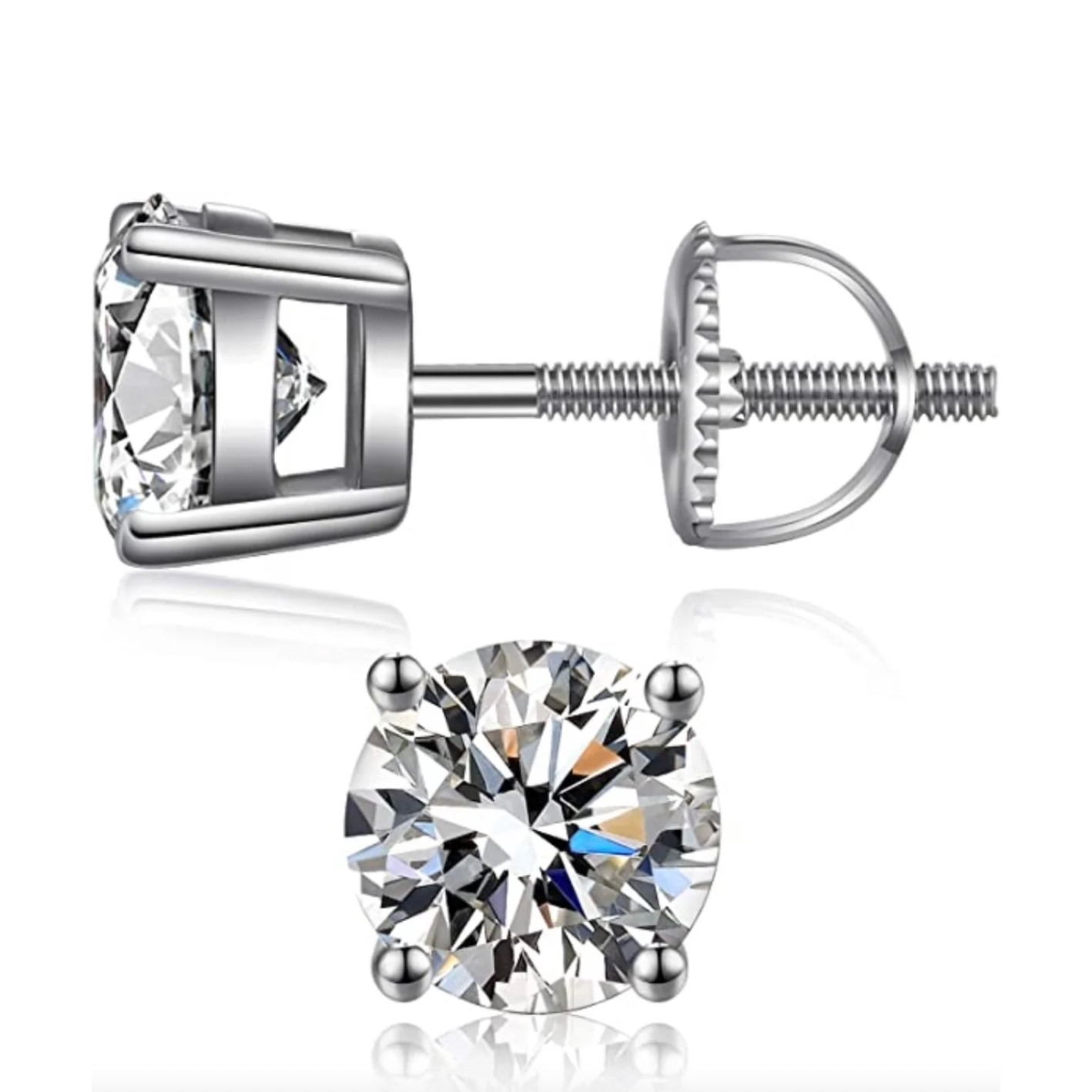 A pair of silver stud earrings featuring large, round-cut crystals set in a four-prong setting with screw-back closures.