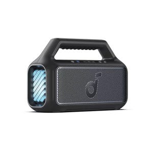 Portable Bluetooth speaker with a sturdy handle and built-in LED lights, featuring a sleek design with a prominent audio brand logo on the front grille.