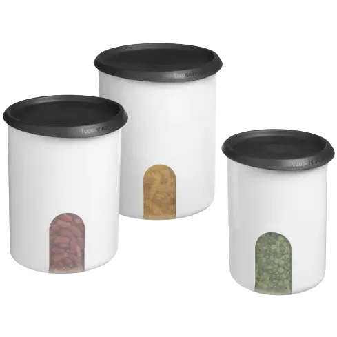 Three cylindrical white storage containers with black lids, featuring transparent windows displaying stored items: red beans, pasta, and green peas.