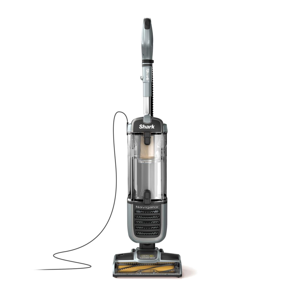 Shark Navigator Upright Vacuum features a sleek design with a clear dustbin, prominent branding, and a detachable handle for versatile cleaning. It includes a power cord and advanced brush technology, suitable for various floor types.