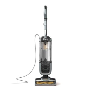 Shark Navigator Upright Vacuum features a sleek design with a clear dustbin, prominent branding, and a detachable handle for versatile cleaning. It includes a power cord and advanced brush technology, suitable for various floor types.
