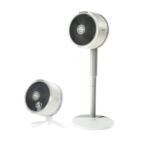 Two adjustable fans, one with a short base and the other with an extendable stand, both featuring a circular grill design and sleek white finish.