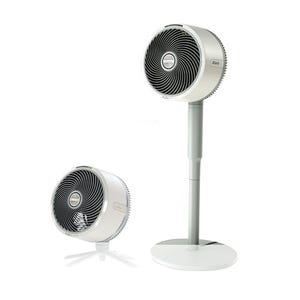 Two adjustable fans, one with a short base and the other with an extendable stand, both featuring a circular grill design and sleek white finish.