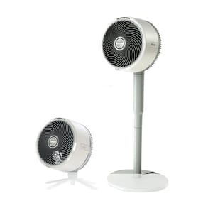 Two adjustable fans, one with a short base and the other with an extendable stand, both featuring a circular grill design and sleek white finish.