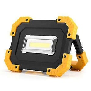 Rechargeable 400 lumen work light with a rugged black and yellow frame, featuring a COB LED panel for bright illumination and a foldable stand for adjustable positioning.