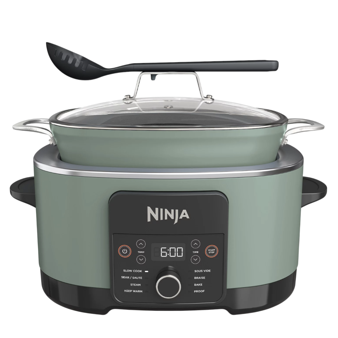 Ninja slow cooker with digital display, featuring functions for slow cook, sear/sauté, steam, sous vide, braise, bake, and proof; includes a glass lid and serving spoon.