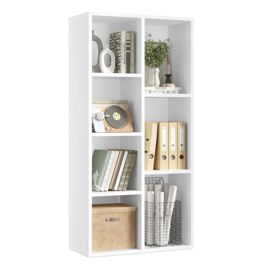 A white, rectangular bookshelf with seven compartments, featuring books, decorative vases, a small radio, file folders, a potted plant, rolled papers in a wire basket, and a storage box.