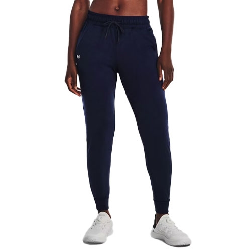 Navy blue athletic jogger pants with an elastic waistband, drawstring, and cuffs at the ankles, featuring a small Under Armour logo near the left pocket.