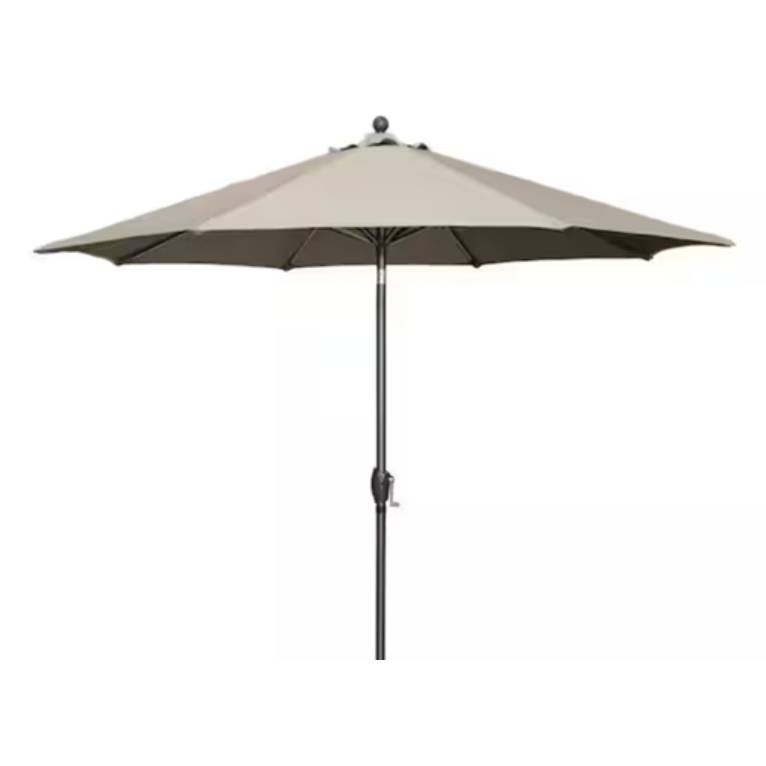 A beige patio umbrella with a round canopy and a crank mechanism on a central pole.