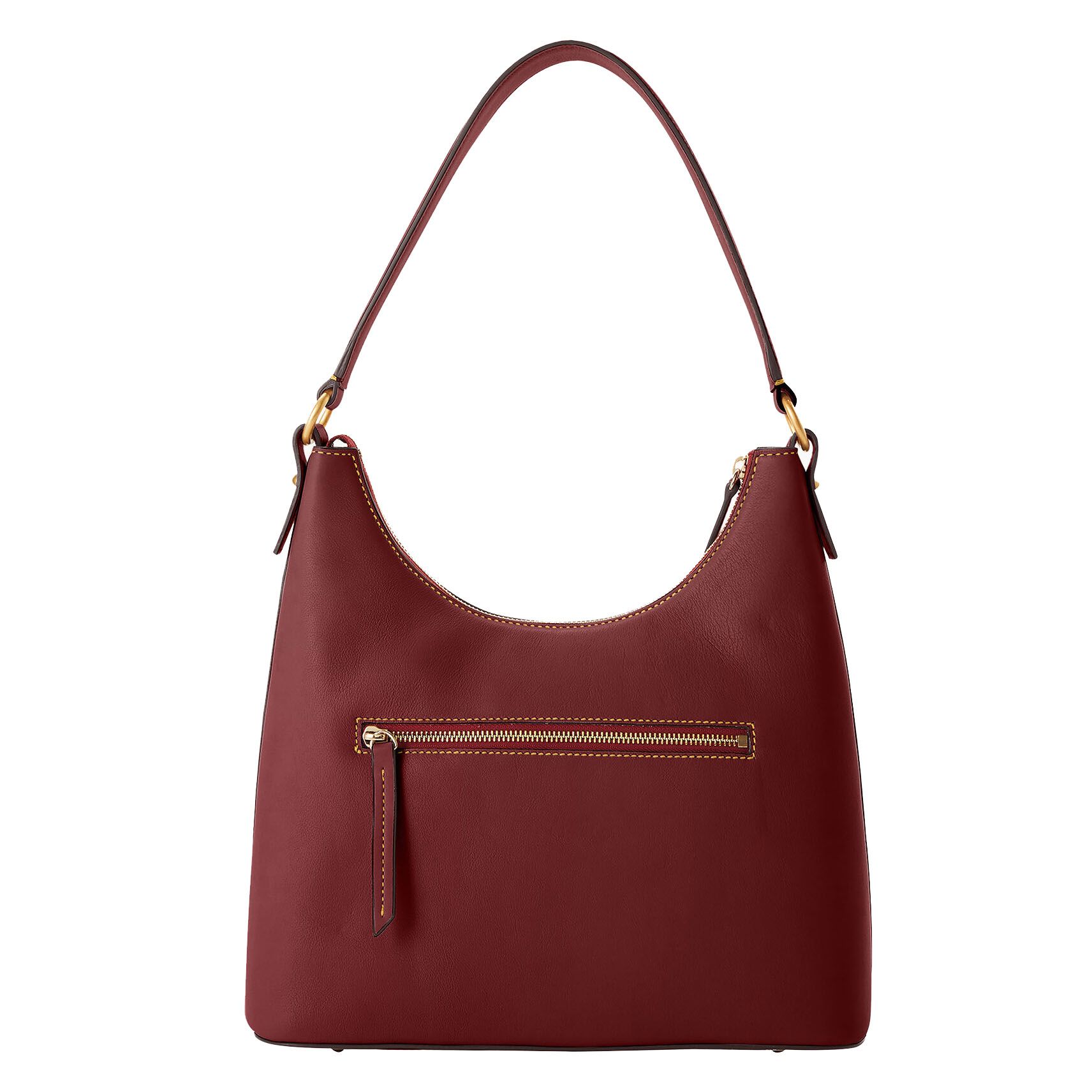 A maroon shoulder bag with a single strap and an external zipper pocket.
