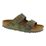 A camouflage-patterned Birkenstock sandal featuring two adjustable straps with buckles and a cork footbed for comfort.